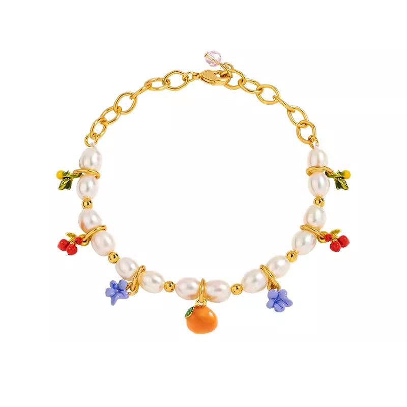 18K Flower Pearl Fruit &amp; Enamel Spirit Bracelet