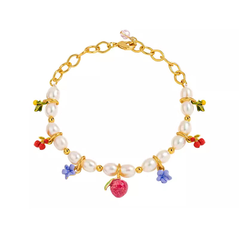 18K Flower Pearl Fruit &amp; Enamel Spirit Bracelet