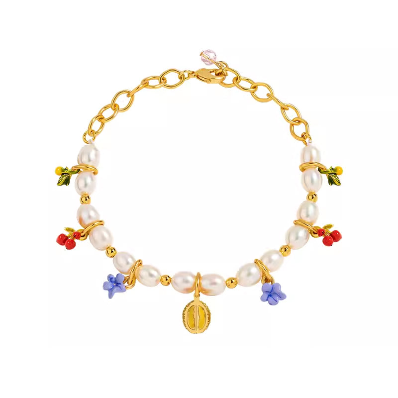 18K Flower Pearl Fruit &amp; Enamel Spirit Bracelet