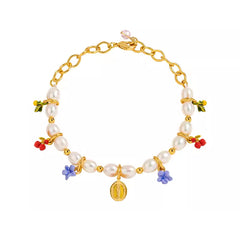 18K Flower Pearl Fruit &amp; Enamel Spirit Bracelet