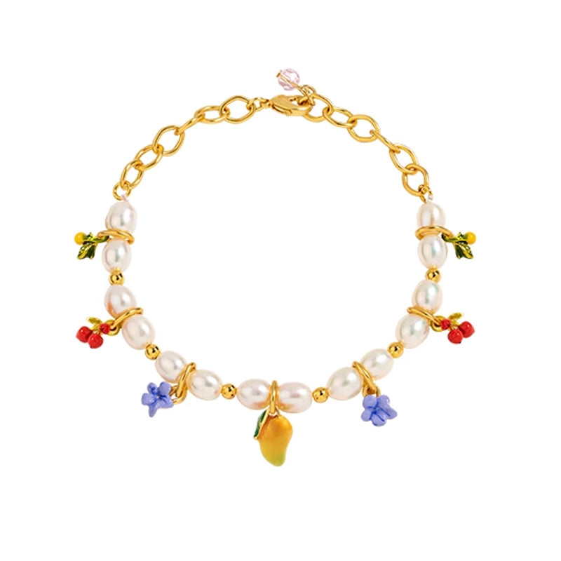 18K Flower Pearl Fruit &amp; Enamel Spirit Bracelet