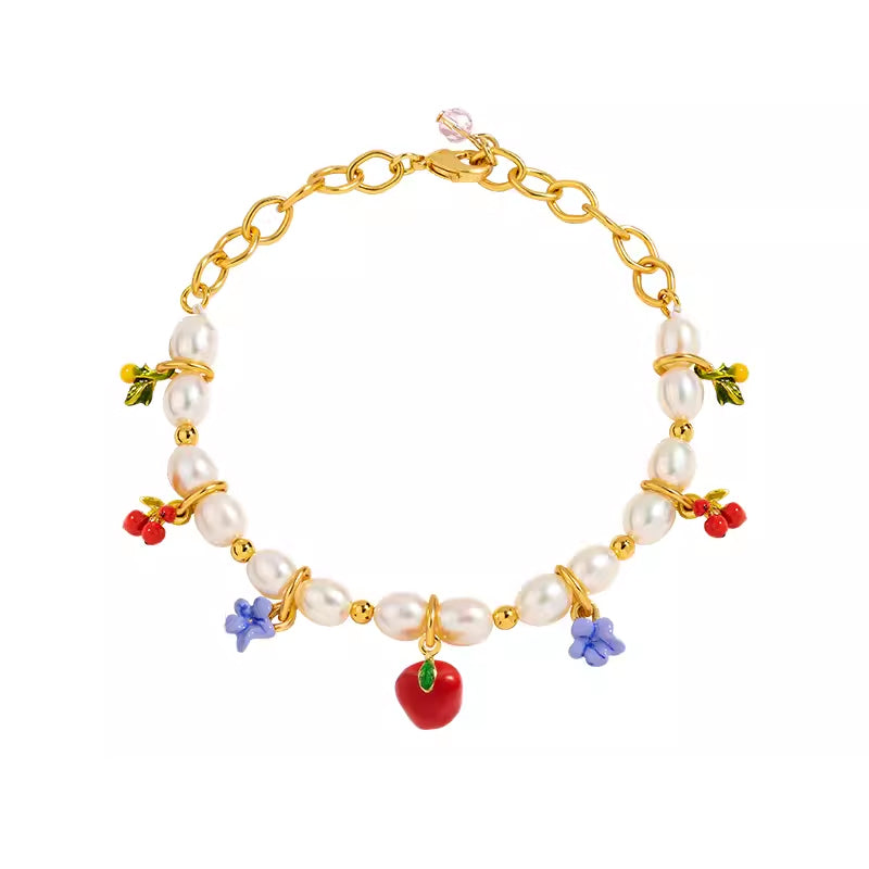 18K Flower Pearl Fruit &amp; Enamel Spirit Bracelet