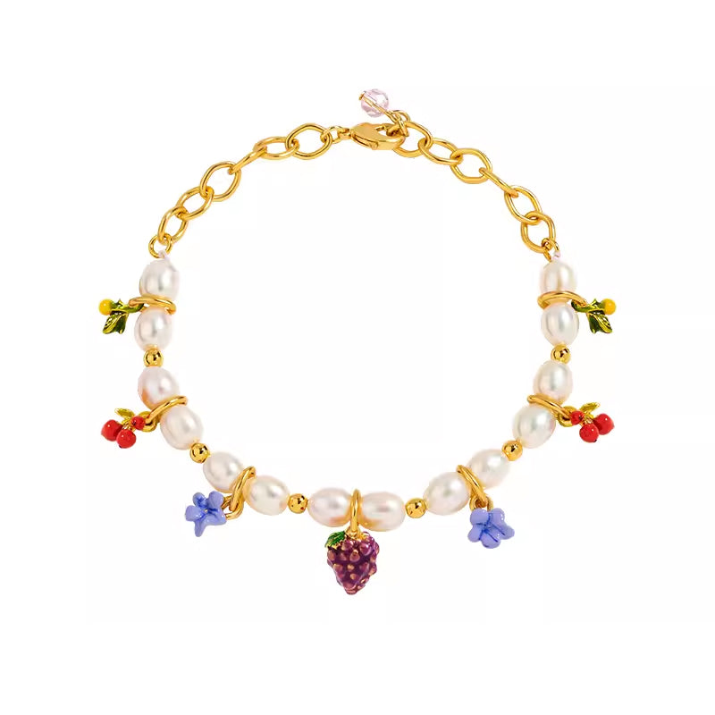 18K Flower Pearl Fruit &amp; Enamel Spirit Bracelet