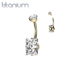 Implant Grade Titanium Gold PVD White CZ Squared Gem Belly Ring