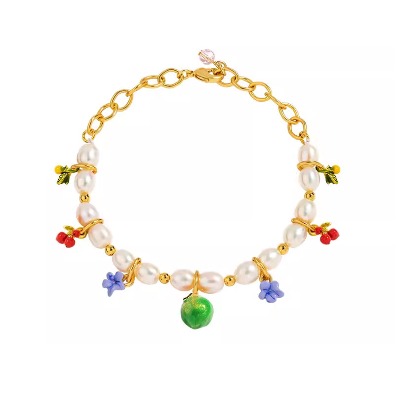 18K Flower Pearl Fruit &amp; Enamel Spirit Bracelet