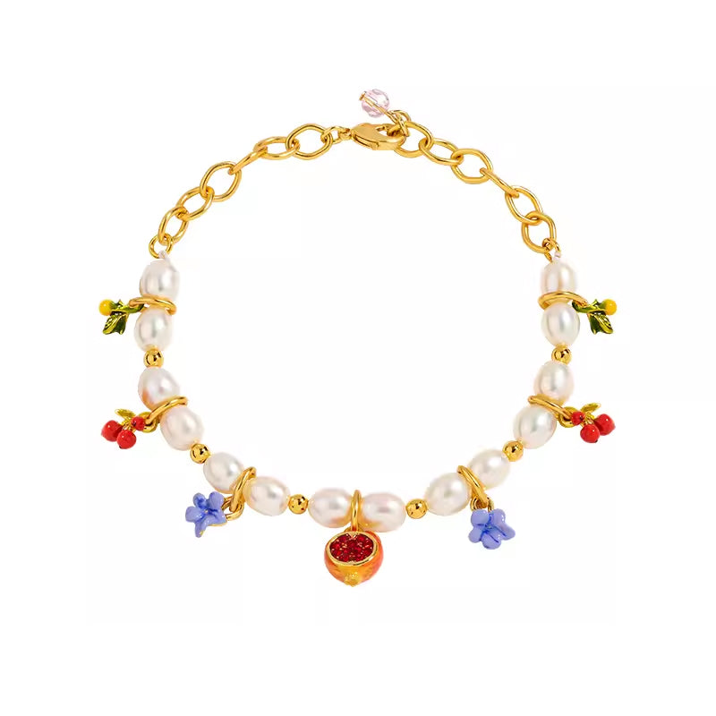 18K Flower Pearl Fruit &amp; Enamel Spirit Bracelet