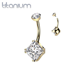 Implant Grade Titanium Gold PVD White CZ Simple Square Gem Belly Ring