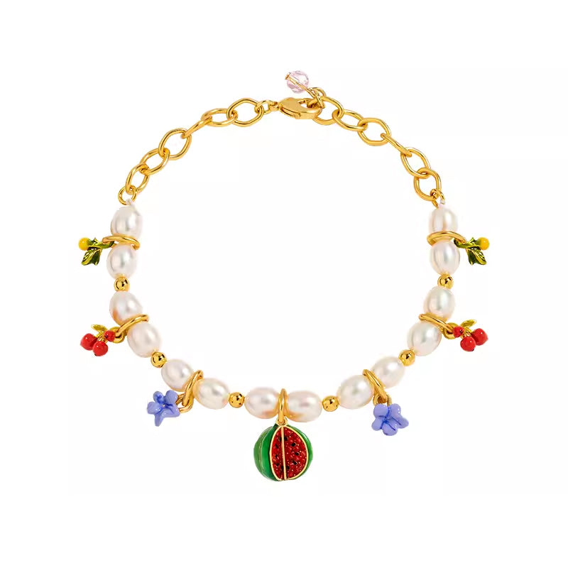 18K Flower Pearl Fruit &amp; Enamel Spirit Bracelet