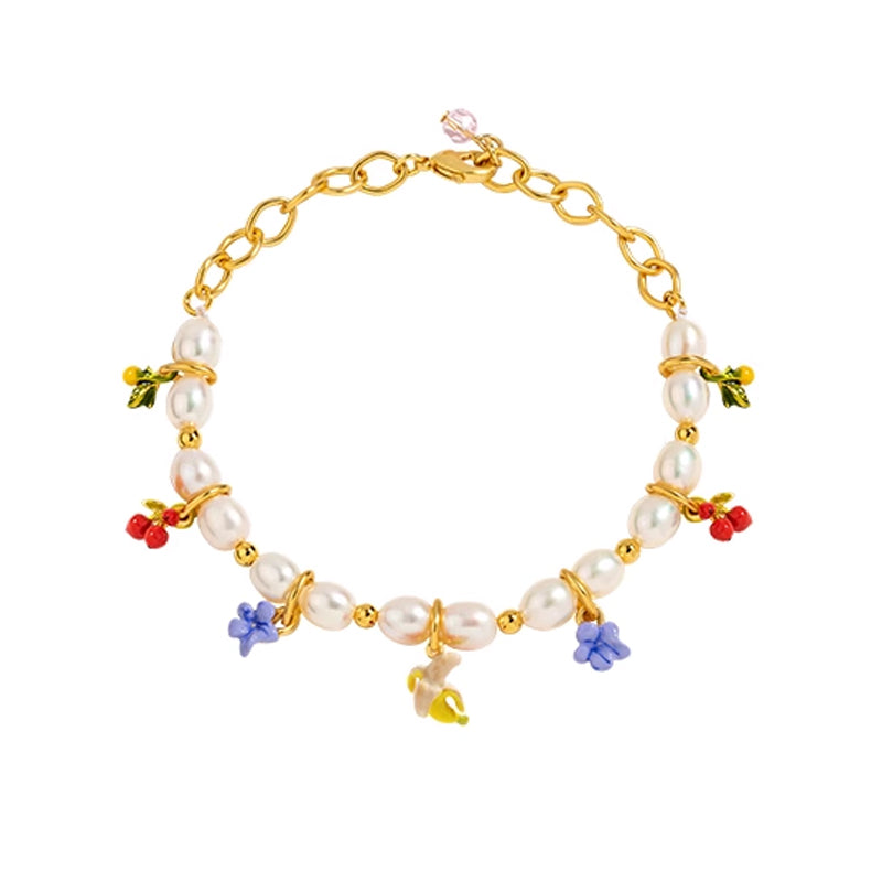 18K Flower Pearl Fruit &amp; Enamel Spirit Bracelet