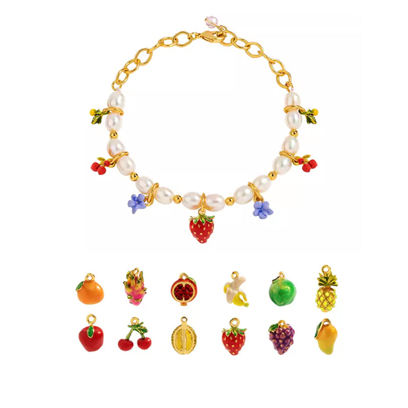 18K Flower Pearl Fruit &amp; Enamel Spirit Bracelet