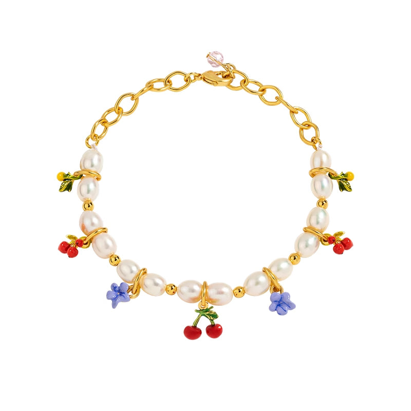 18K Flower Pearl Fruit &amp; Enamel Spirit Bracelet