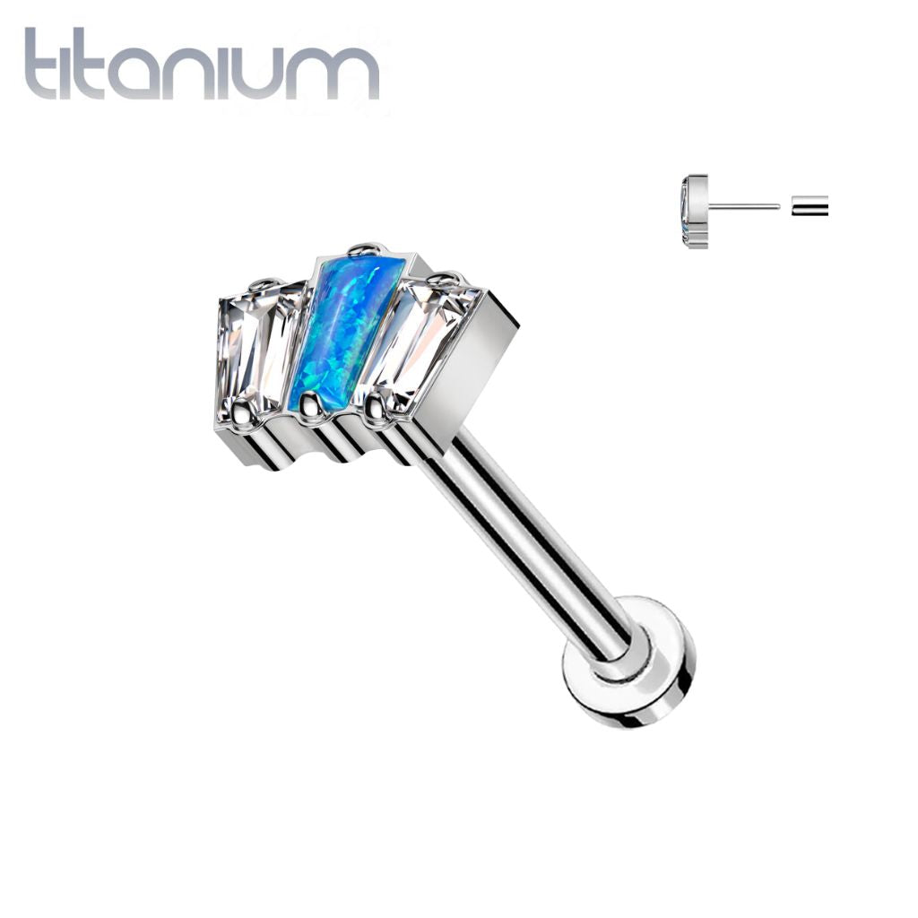 Implant Grade Titanium Triple Baguette Weiß CZ Blau Opal Gewindeloses Push In Labret