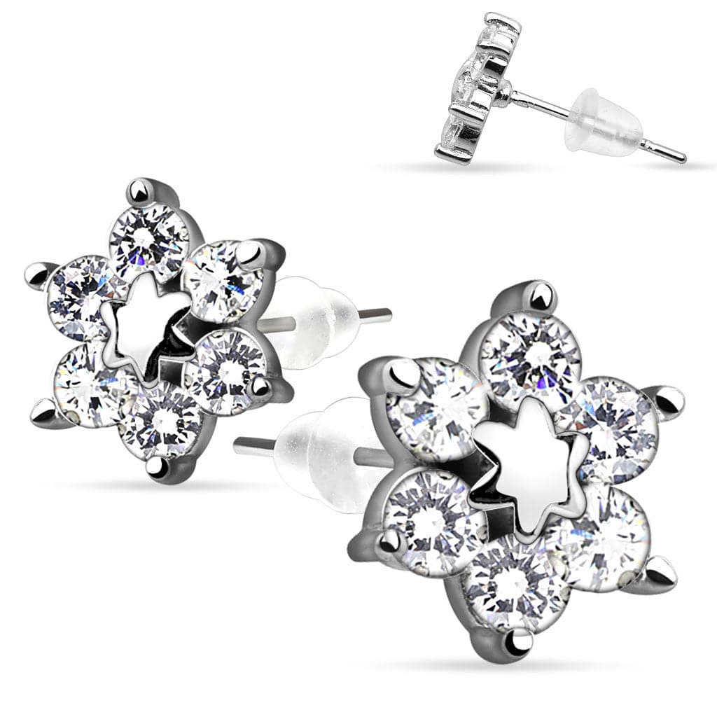 925 Sterling Silver Ultra Clear Paved CZ Crystal Flower Earring Studs