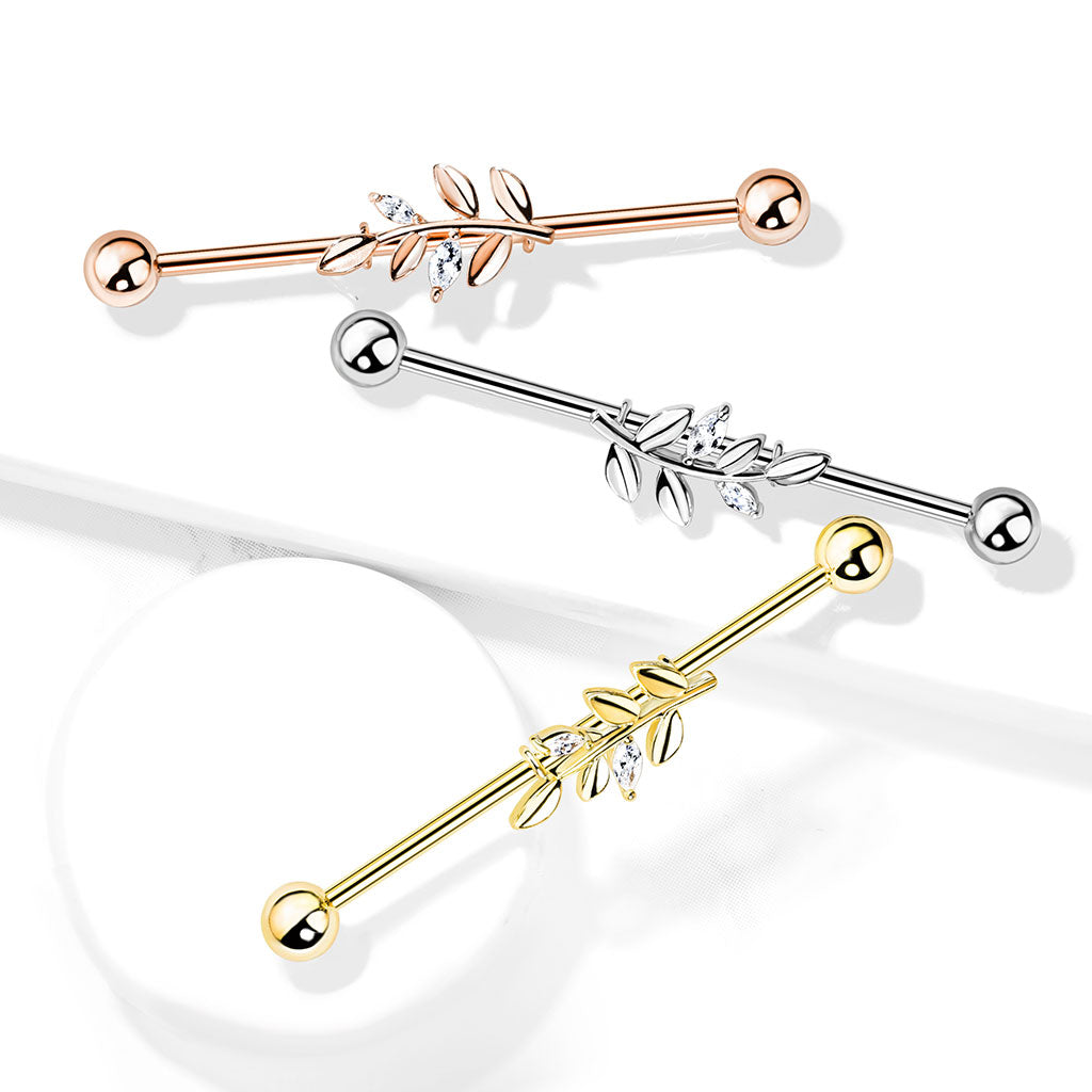 316L Surgical Steel Gold PVD White CZ Leaf Industrial Barbell