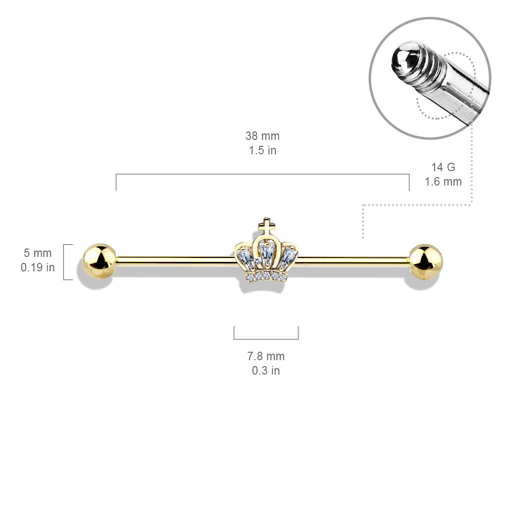 316L Surgical Steel Gold PVD White CZ Crown Industrial Barbell