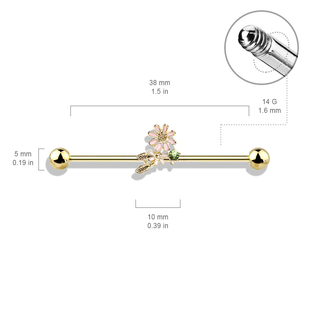 316L Surgical Steel Gold PVD Green CZ Gem With Flowers Industrial Barbell