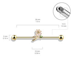 316L Surgical Steel Gold PVD Green CZ Gem With Flowers Industrial Barbell