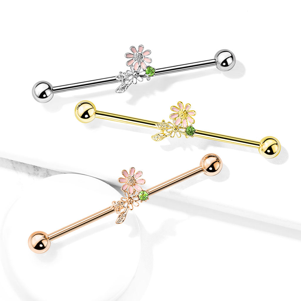 316L Surgical Steel Gold PVD Green CZ Gem With Flowers Industrial Barbell