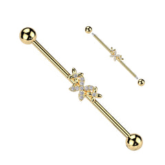 316L Surgical Steel Gold PVD White CZ 4 Petal Flower Industrial Barbell