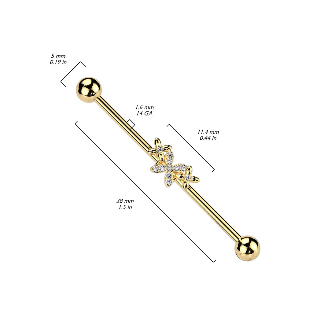 316L Surgical Steel Gold PVD White CZ 4 Petal Flower Industrial Barbell