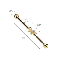 316L Surgical Steel Gold PVD White CZ 4 Petal Flower Industrial Barbell