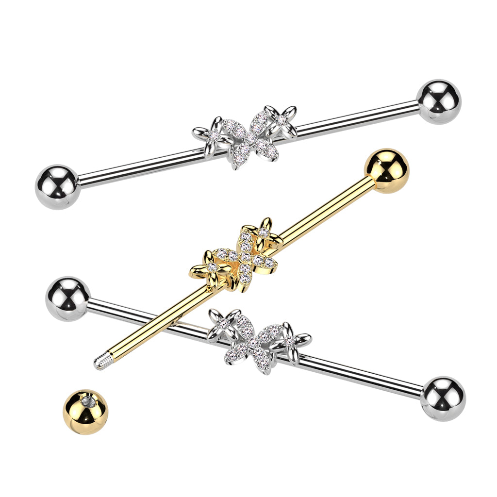 316L Surgical Steel Gold PVD White CZ 4 Petal Flower Industrial Barbell