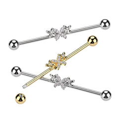 316L Surgical Steel Gold PVD White CZ 4 Petal Flower Industrial Barbell