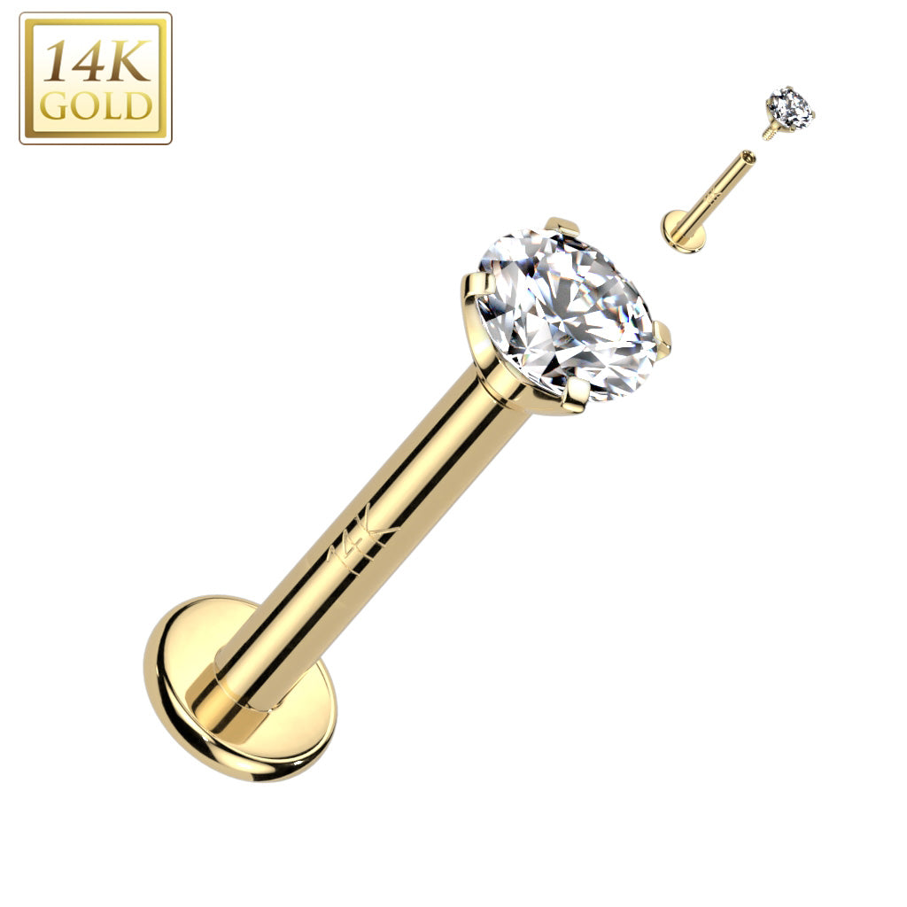 14KT Yellow Gold White CZ Gem Internally Threaded Flat Back Labret