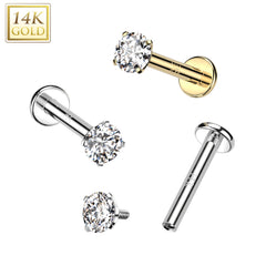 14KT Yellow Gold White CZ Gem Internally Threaded Flat Back Labret