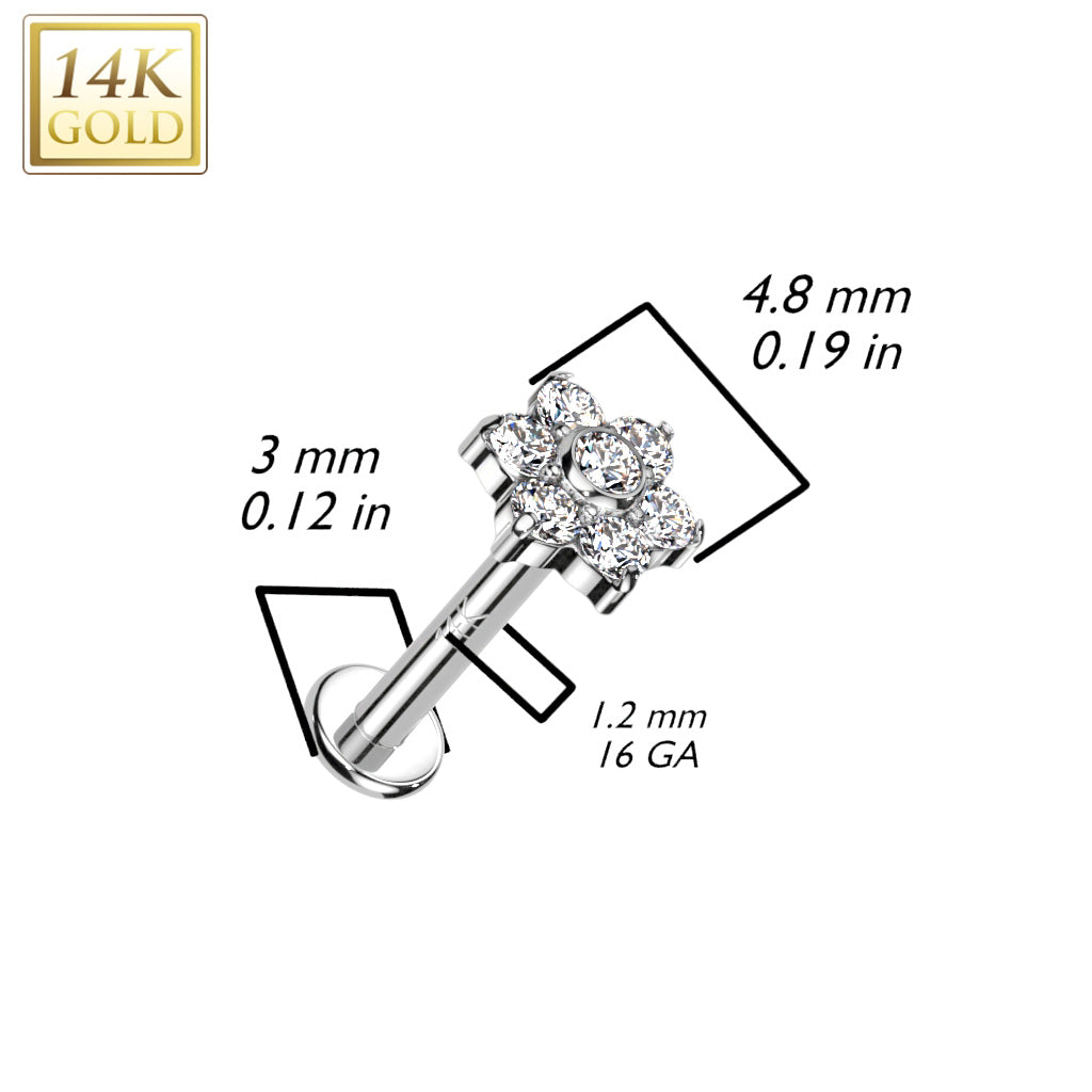 14KT White Gold White CZ Flower Internally Threaded Flat Back Labret