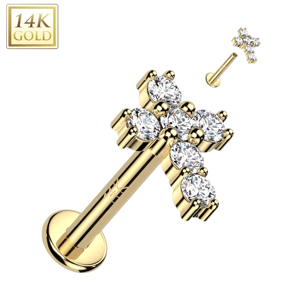 14KT Yellow Gold White CZ Cross Flat Back Labret