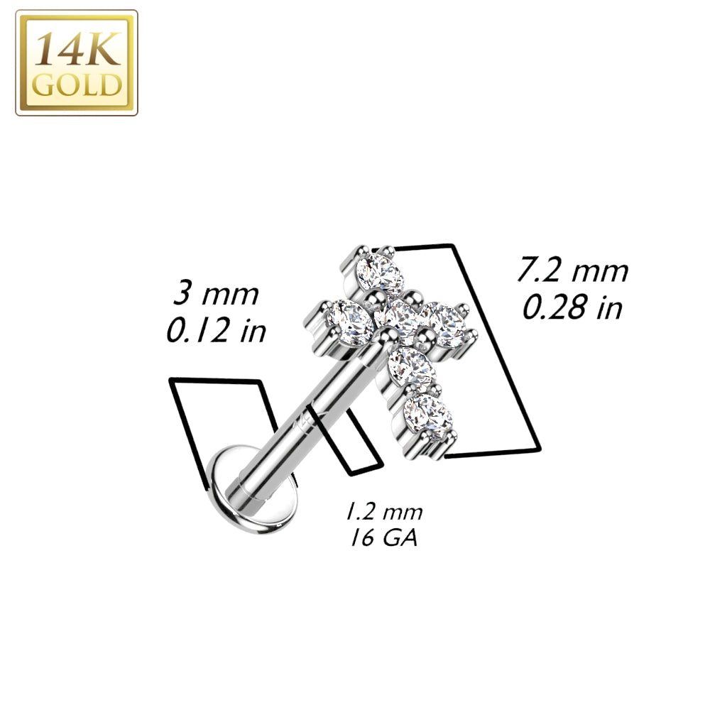 14KT Yellow Gold White CZ Cross Flat Back Labret