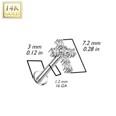 14KT White Gold White CZ Cross Flat Back Labret