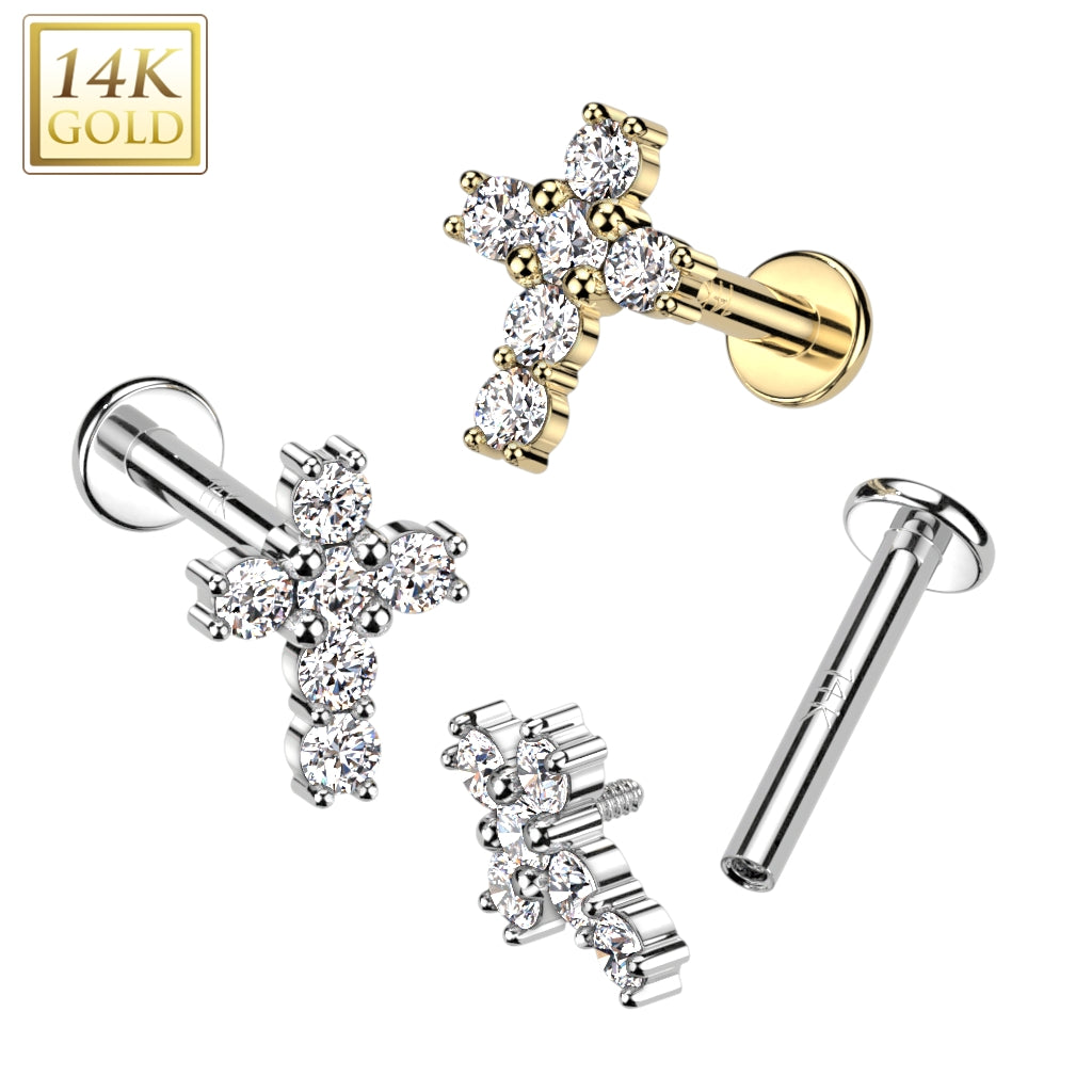 14KT Yellow Gold White CZ Cross Flat Back Labret