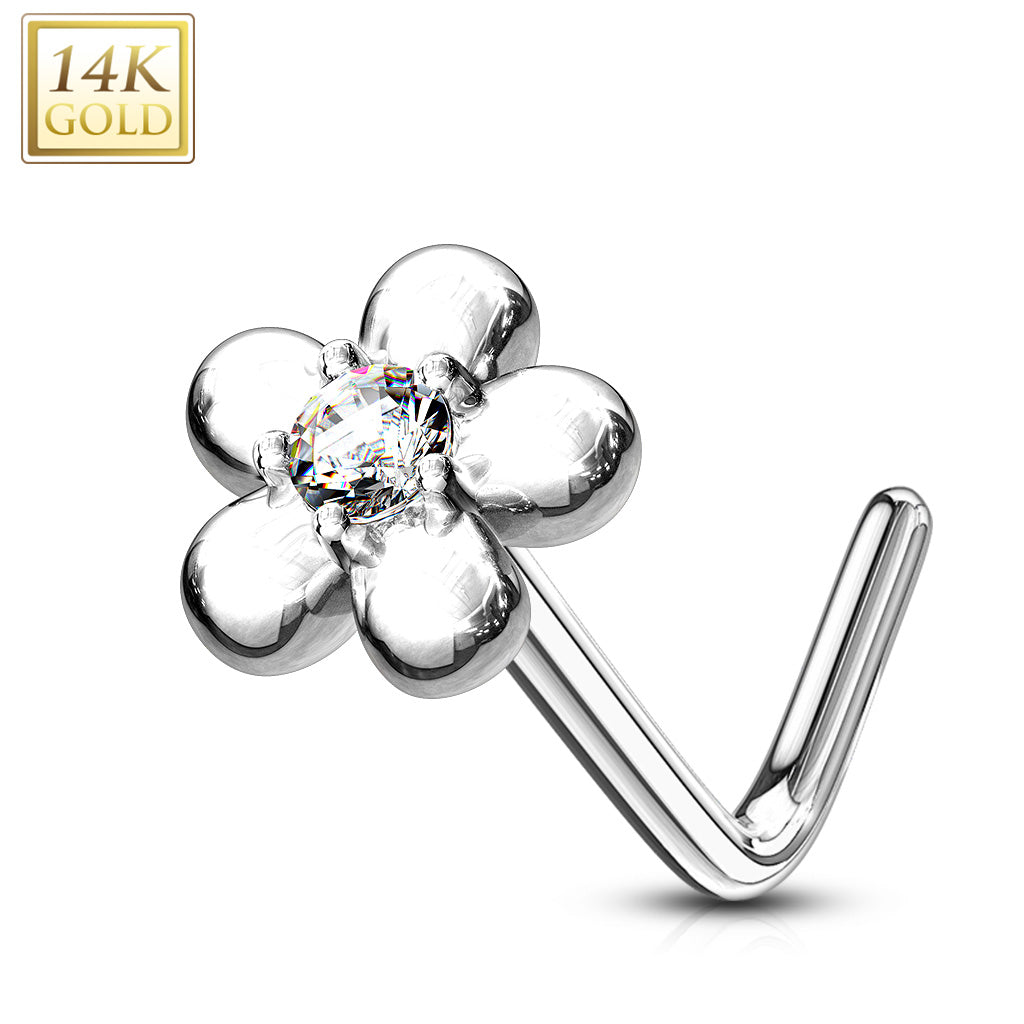 14KT Solid White Gold L Shape Flower Nose Ring with White CZ