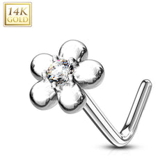 14KT Solid White Gold L Shape Flower Nose Ring with White CZ