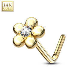 14KT Solid Yellow Gold L Shape Flower Nose Ring with White CZ