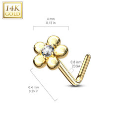 14KT Solid Yellow Gold L Shape Flower Nose Ring with White CZ