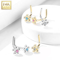 14KT Solid White Gold L Shape Flower Nose Ring with White CZ