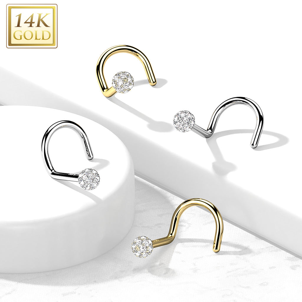 14kt Yellow Gold Multi CZ Cluster Corkscrew Nose Ring