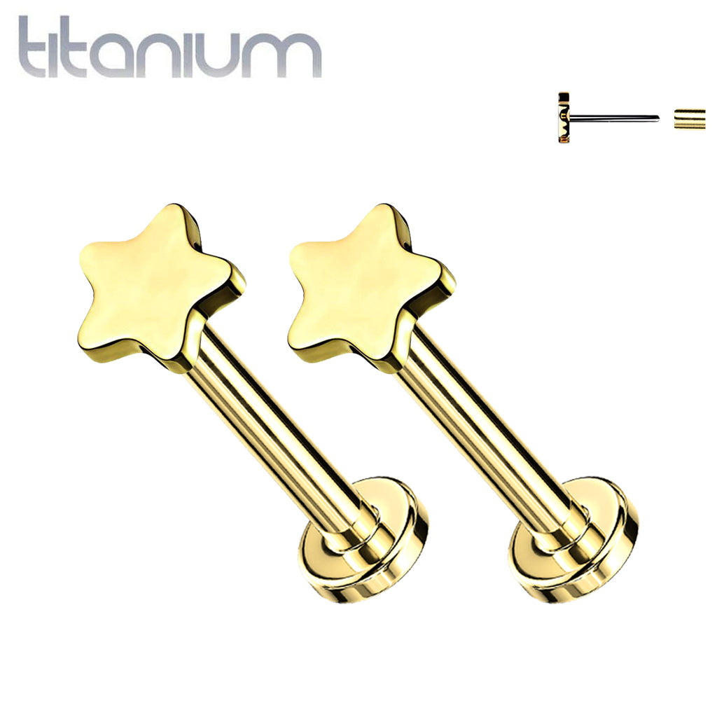 Pair of Implant Grade Titanium Threadless Gold PVD Small Dainty Star Earring Studs with Flat Back