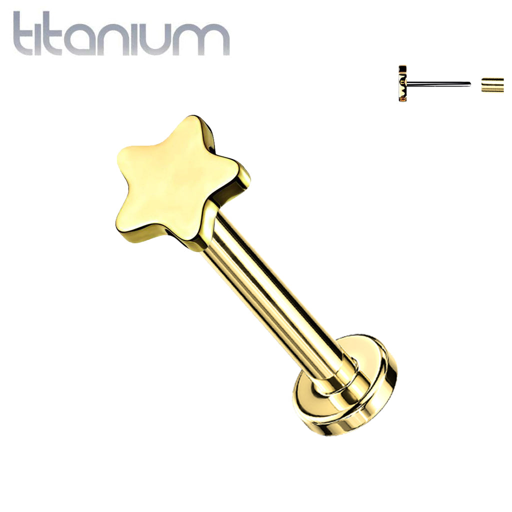 Implant Grade Titanium Threadless Push In Tragus/Cartilage Gold PVD Star Stud With Flat Back