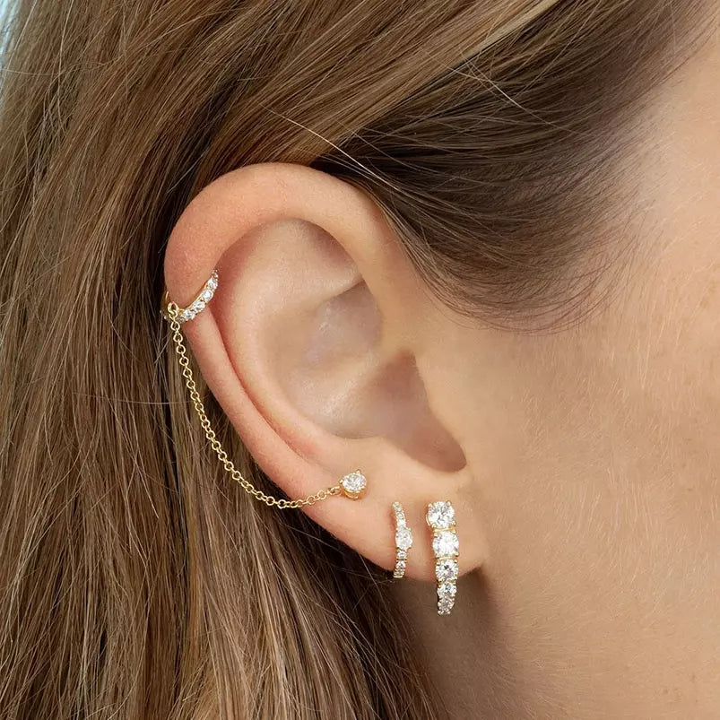 925 Sterling Silver Chain Connected CZ Stud With Faux Cartilage Conch Hoop - Single Piece