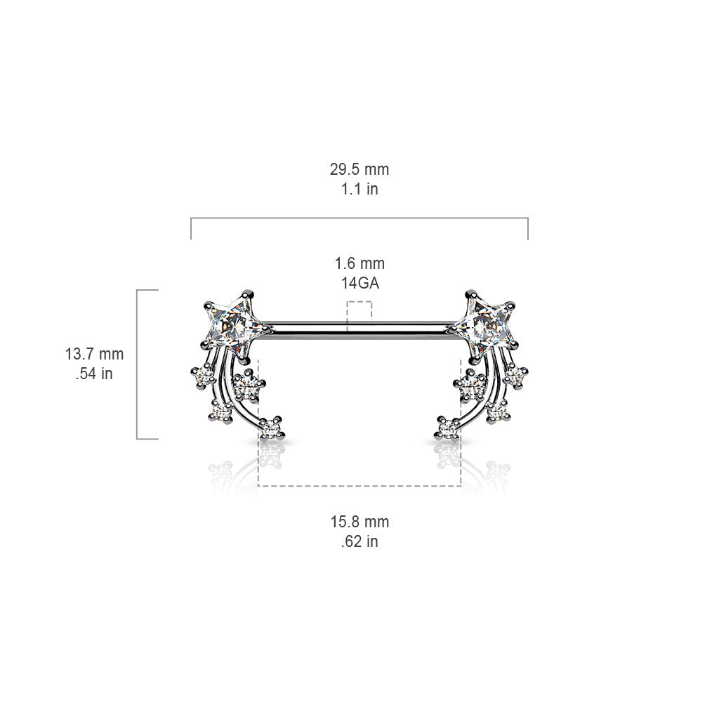 316L Surgical Steel White CZ Shooting Star Nipple Ring Straight Barbell