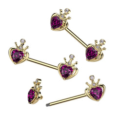 316L Surgical Steel Gold PVD Pink & White CZ Heart Crown Nipple Ring Straight Barbell