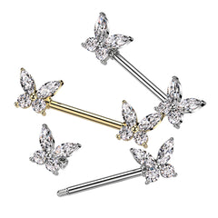 316L Surgical Steel Gold PVD White CZ Butterfly Nipple Ring Barbell