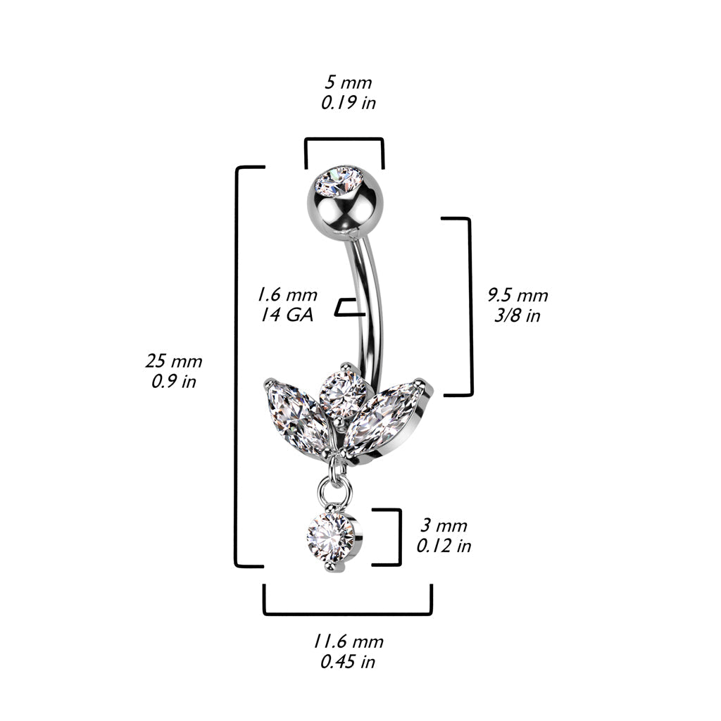 316L Surgical Steel Gold PVD White CZ 3 Petal Flower With Single Gem Dangle Belly Ring