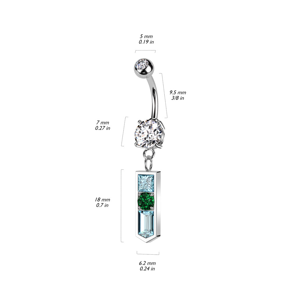 316L Surgical Steel Gold PVD White CZ Gem Ball with Pointed Aqua and Green Dangle Belly Ring