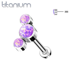 Labret aus Titan in Implantatqualität, gewindelos, zum Einstecken, Knorpel, 3 Edelsteine, gebogen, violetter Opal, mit flacher Rückseite