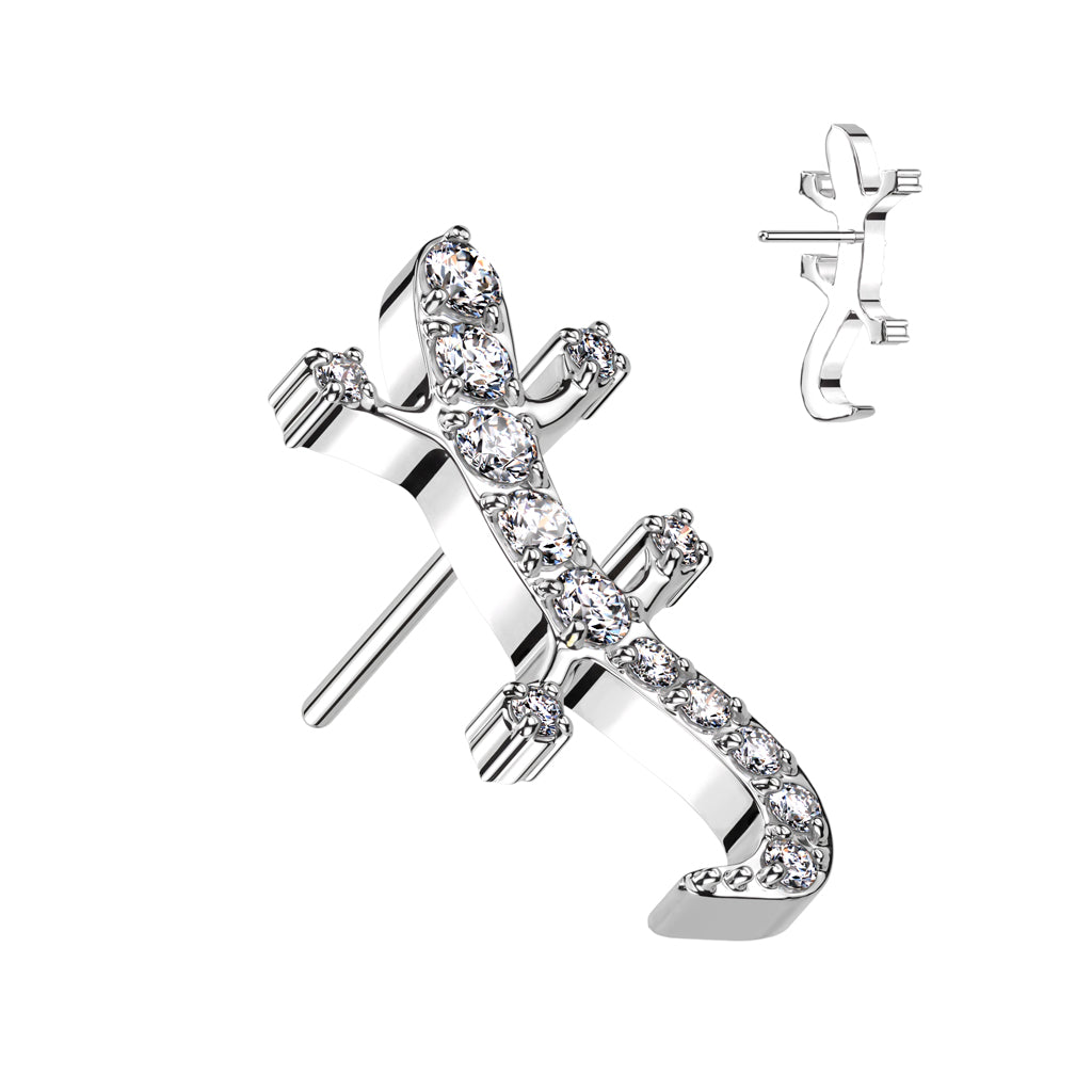 Labret in Implantatqualität aus Titan mit weißen Zirkonia-Eidechsen und Gecko-Motiv, ohne Gewinde